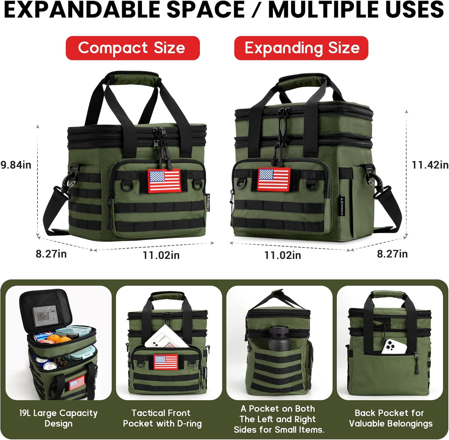 Lonchera táctica para hombres y mujeres, bolsas de almuerzo aisladas de alta resistencia para adultos, ampliable, doble compartimento, a prueba de