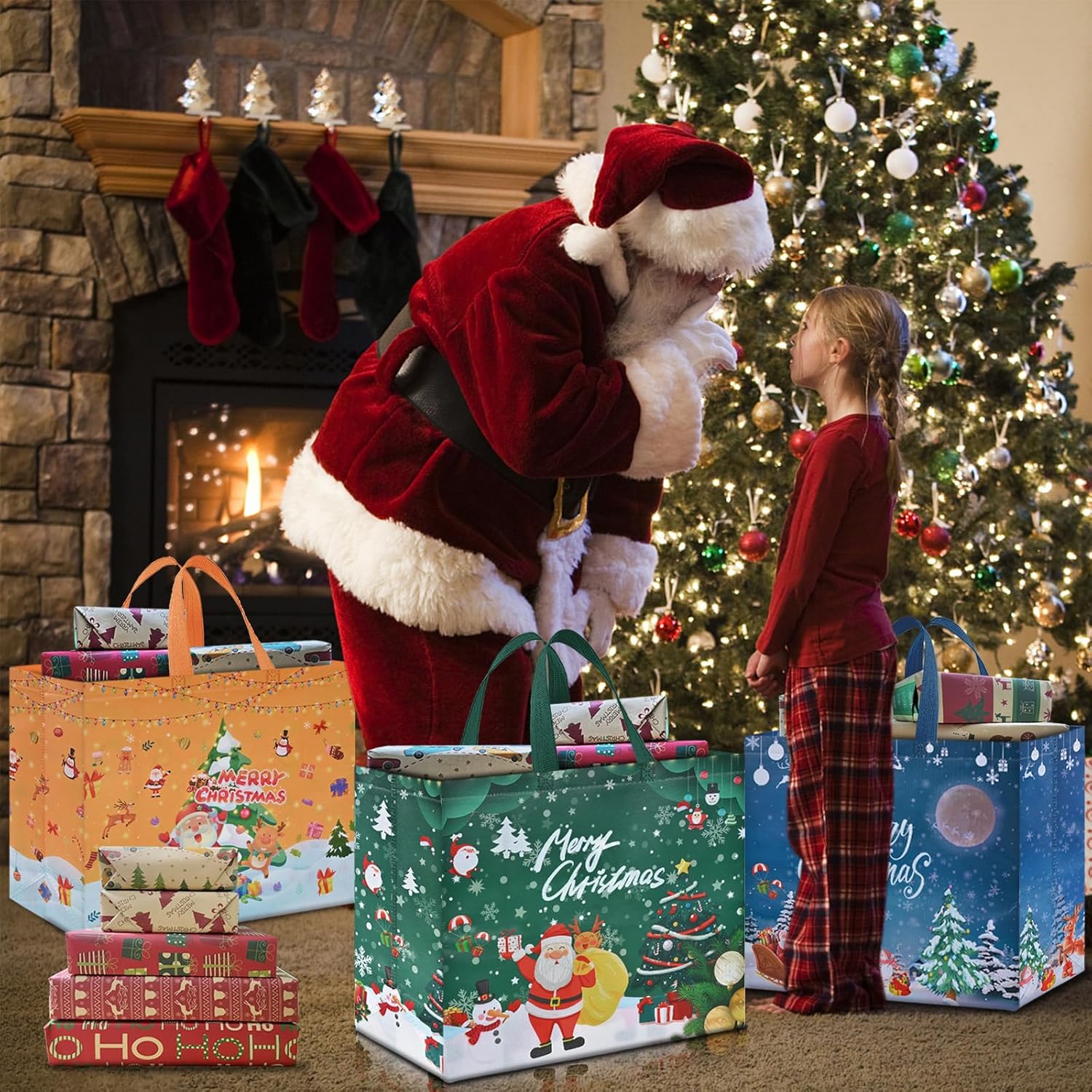 AhfuLife 12 bolsas de regalo de Navidad extra grandes, 15.7 x 14.2 x 5.9 pulgadas, bolsas de Navidad con asas, bolsas de compras de Navidad