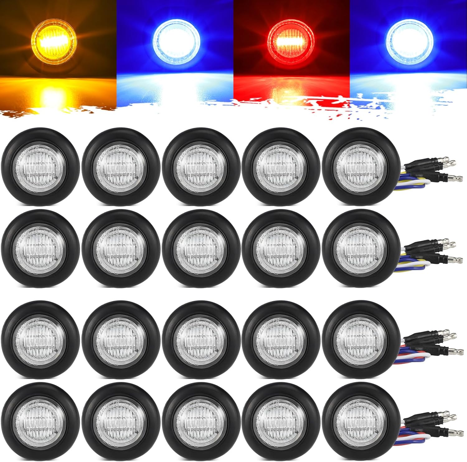 Partsam 20 unidades de luz LED redonda de doble color de 34 pulgadas, ámbarrojo a azul, luz auxiliar de luz lateral, indicadores de señal de giro