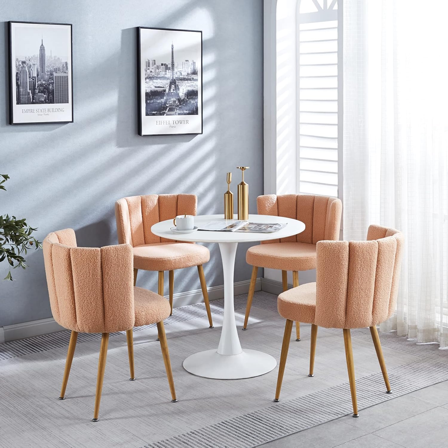 ATSNOW Juego de 2 sillas decorativas de sherpa rosa melocotón, modernas sillas laterales tapizadas de mediados de siglo para comedor, sala de estar,
