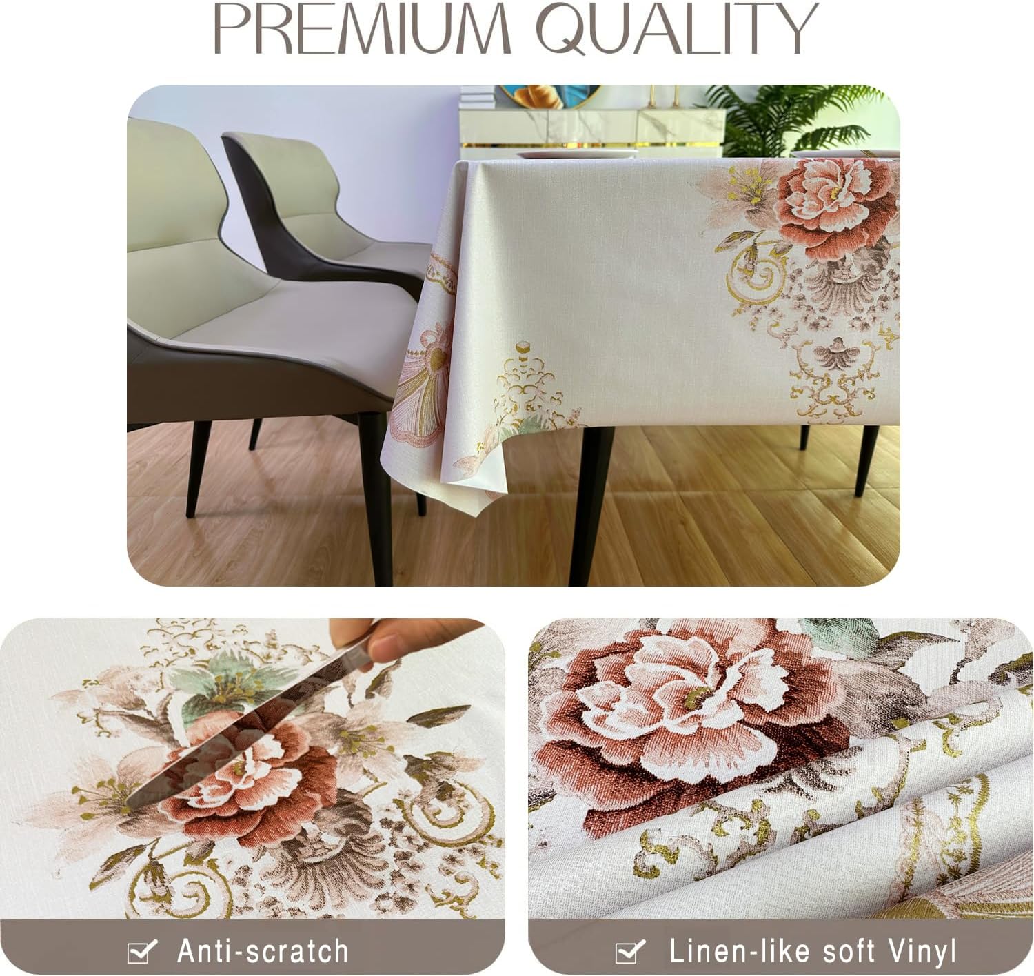 JADD Mantel rectangular de vinilo impermeable, resistente al aceite, a prueba de derrames, mantel de PVC con flores beige, mantel de plástico