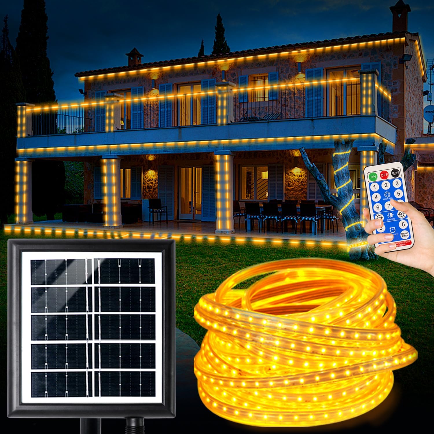 Nurluce Tira de luces LED solares para exteriores, impermeable, blanco cálido, 32.8 pies, 960 LED, 2400 mAh, 24 V, tira de luz solar con control