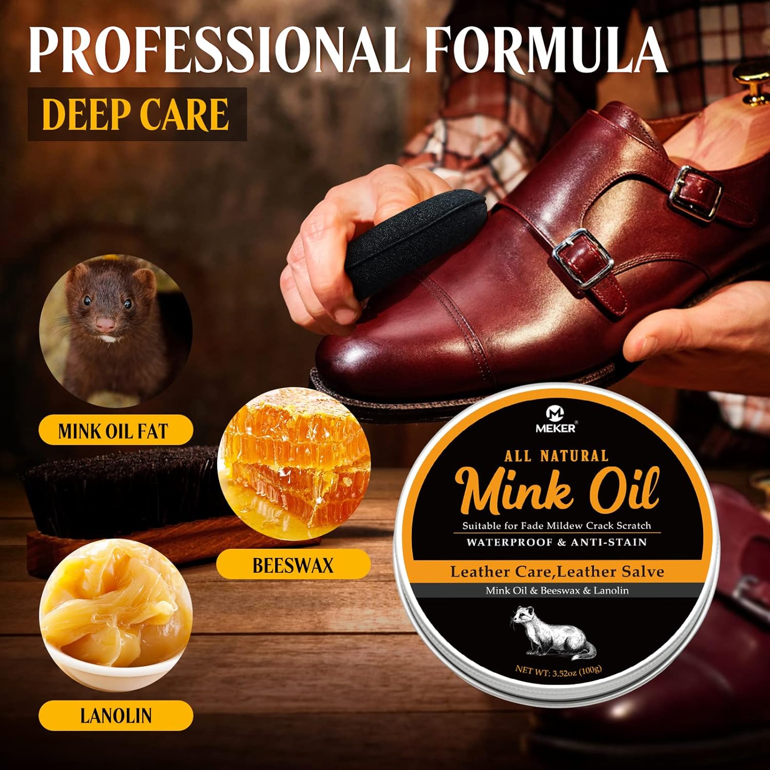 MEKER Aceite de visón para botas de cuero, acondicionador y limpiador de cuero, 3.52 onzas, totalmente natural, impermeable, suaviza y restaura
