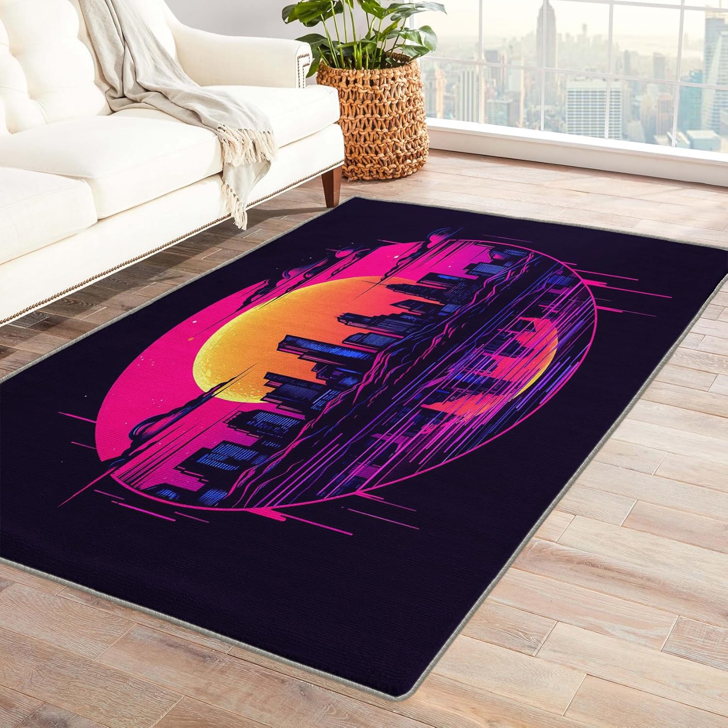 Alfombra neón de ciudad y decoración del hogar, alfombra de 3 x 4 pies, alfombras de paisaje urbano para sala de estar, dormitorio, alfombra