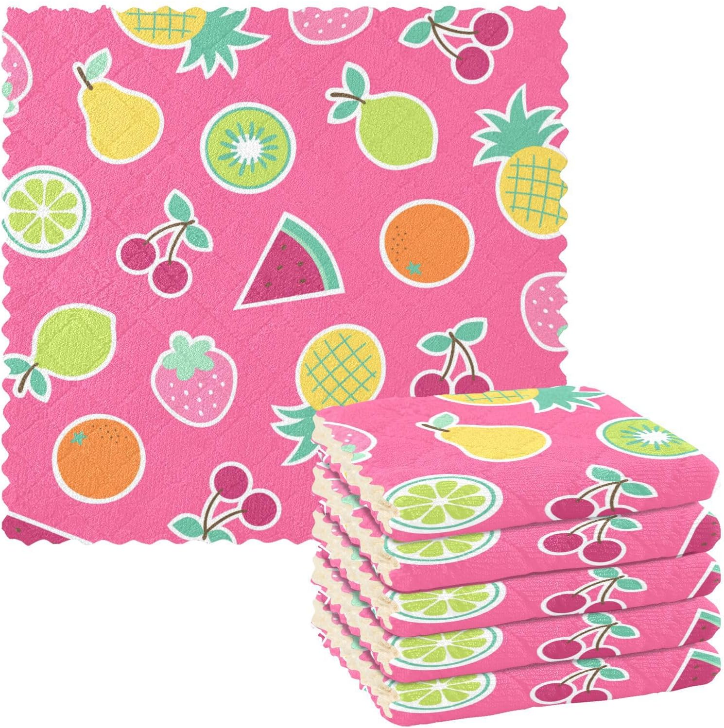Pink Tropical Fruits Soft Print Microfiber Kitchen Dish Towels Fast Drying Set of 6 Dish Tea Towels for Restaurant Sink
