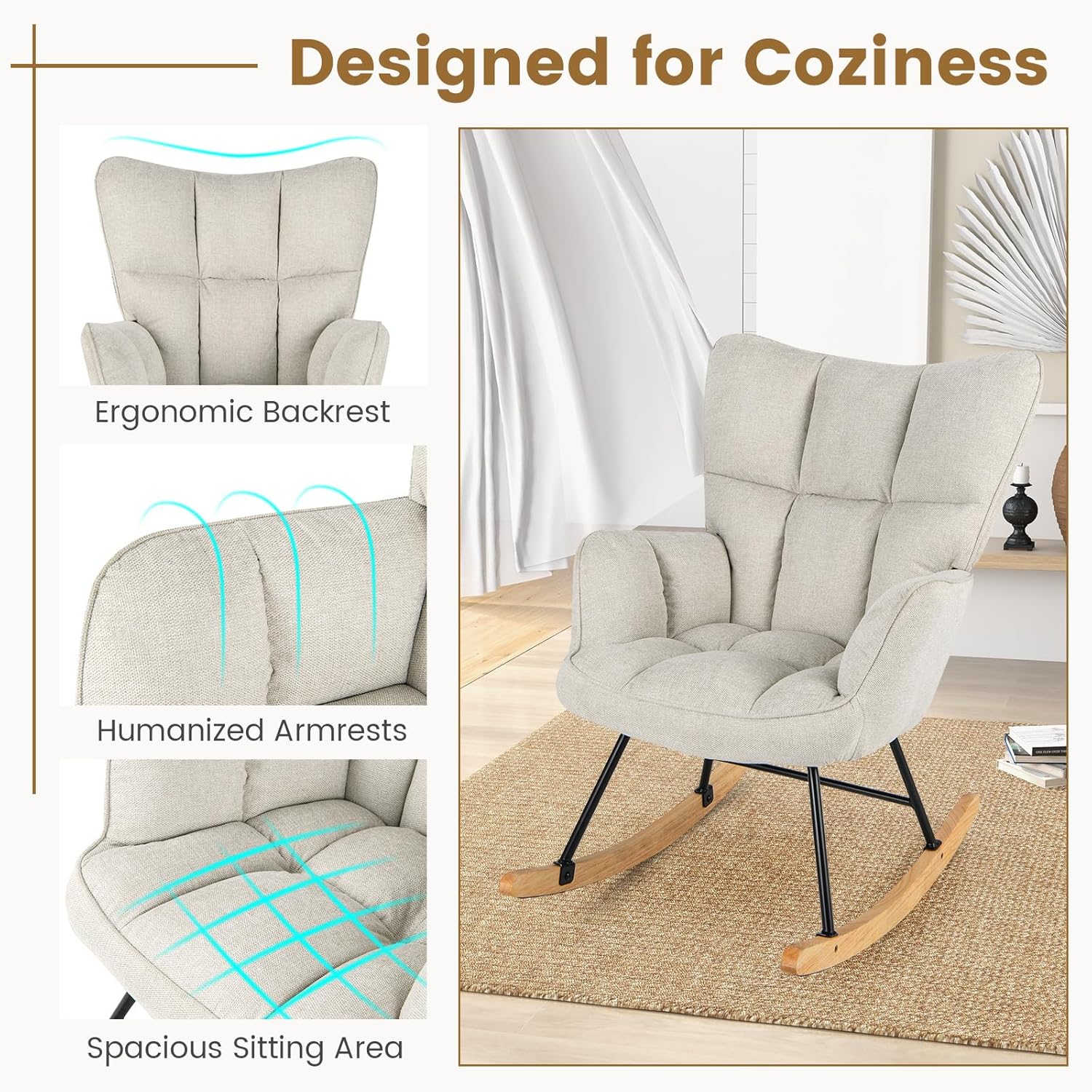Giantex Mecedora para guardería, sillón moderno con respaldo alto, marco de metal sólido y madera, silla mecedora tapizada de lino para guardería,