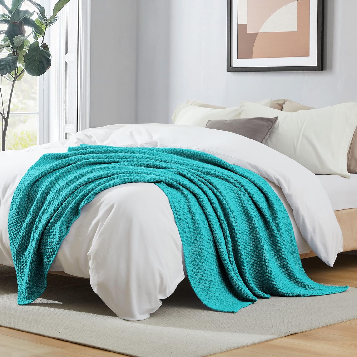 Dreamhood Manta de punto para sofá o sillón, manta azul lago para verano, manta tejida suave y ligera para todas las estaciones, 50 x 60 pulgadas