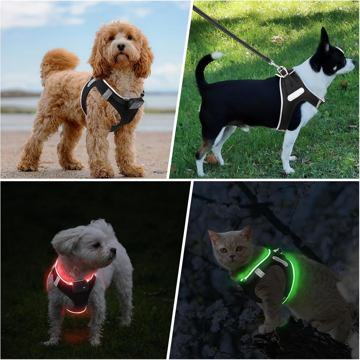 PcEoTllar Arnés para perro con luz LED, arnés de chaleco para perro con luces LED sin tirones, arnés recargable ajustable para cachorros y perros