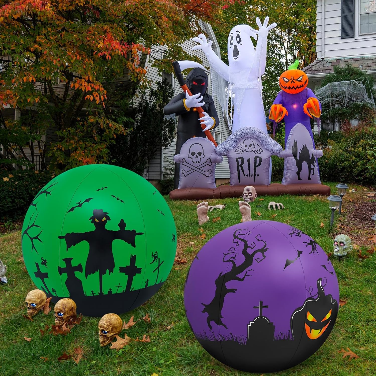 2 piezas de 27 pulgadas que brillan en la oscuridad enorme bola de Halloween con luz LED, bola inflable gigante de Halloween que brilla