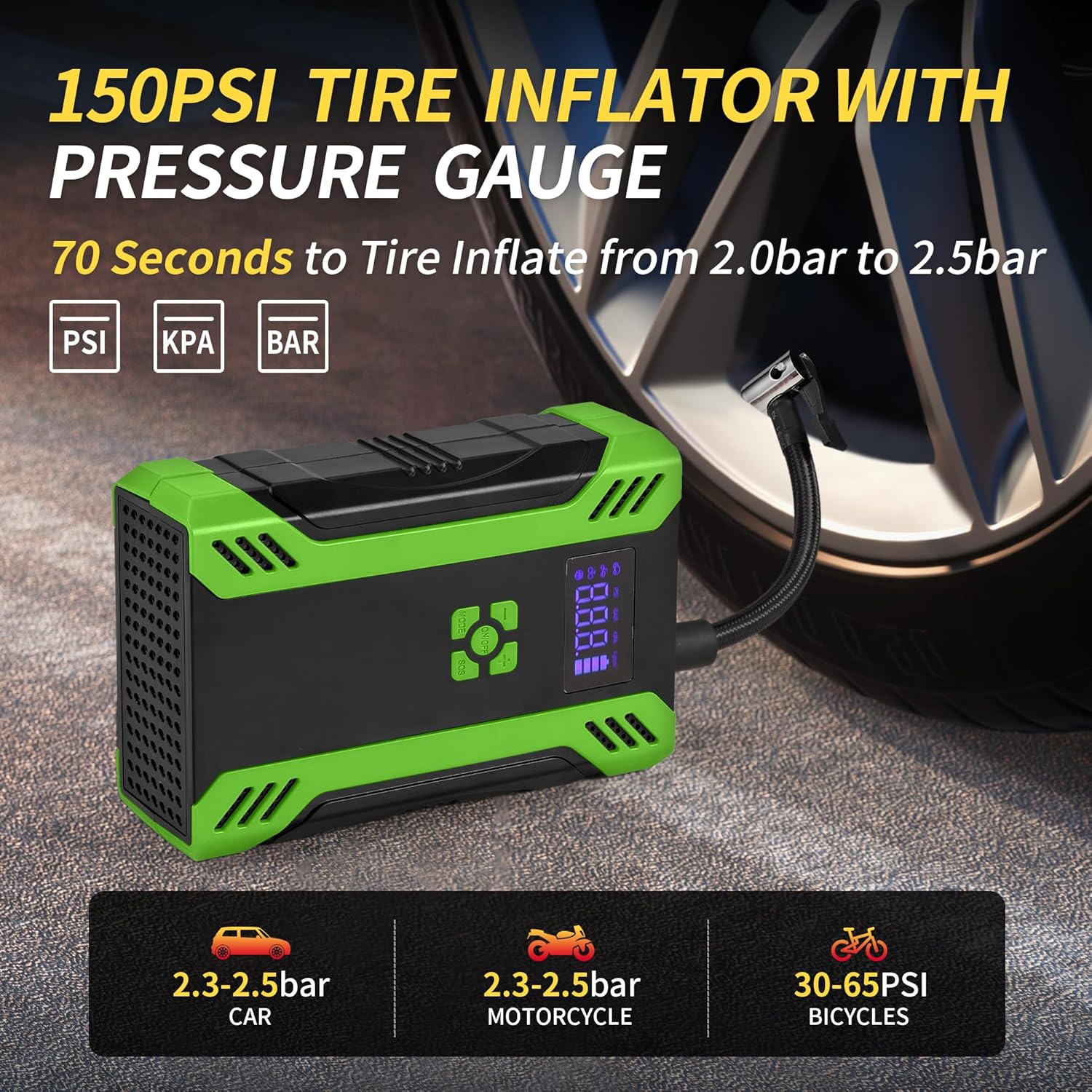 CELLGEAR Arrancador portátil de coche con compresor de aire, 2000A 150PSI paquete de batería de arranque (motor diesel de 8.5 L8.0 L) Inflador