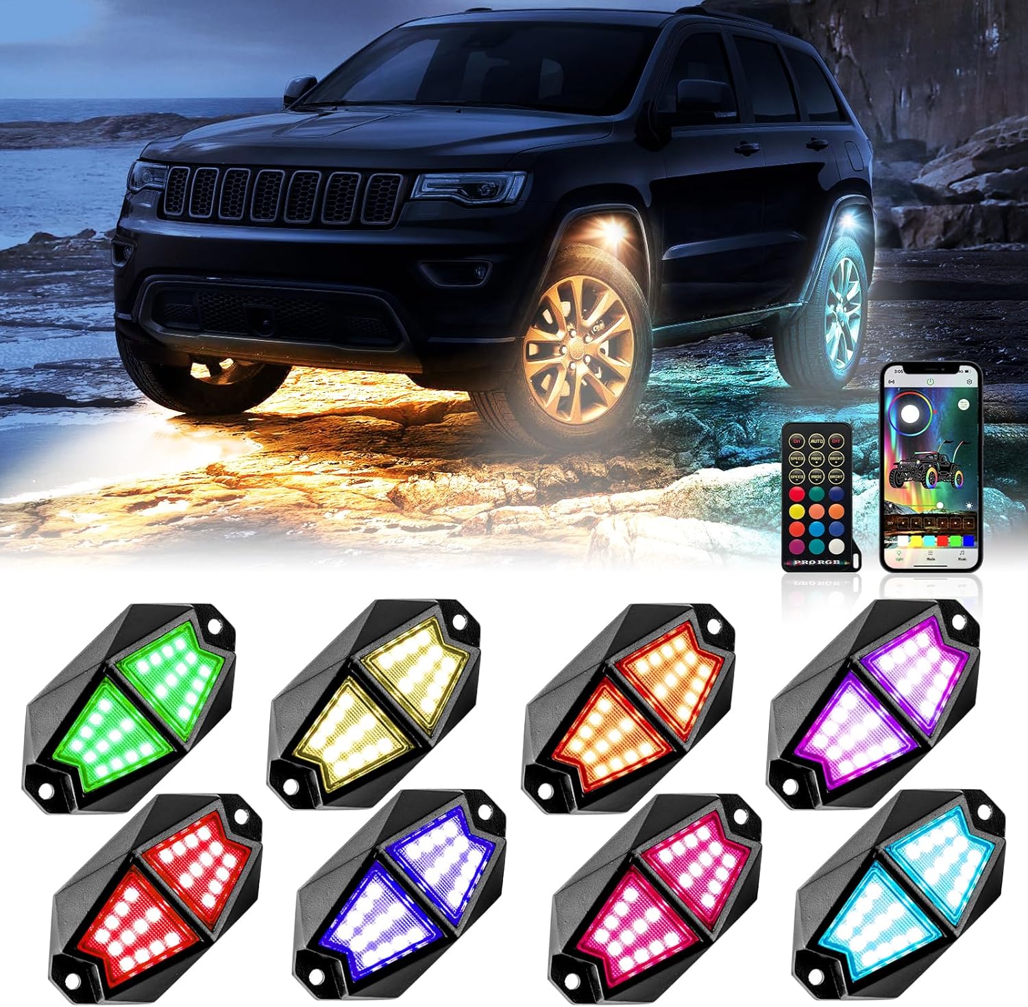 WeiSen Kit de luces LED RGB de 8 vainas, 192 luces LED de neón multicolor Underglow con control remoto y aplicación Bluetooth, modo de música, luz