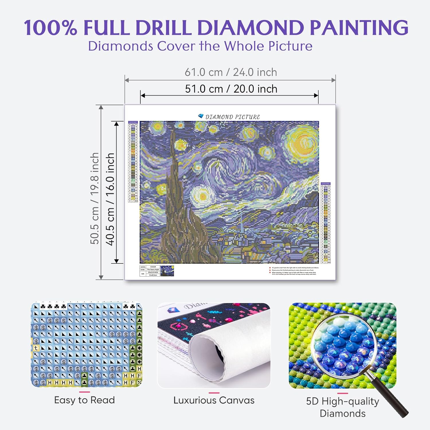 MOYFACE Pintura de diamante 5D noche estrellada, kits de pintura de diamantes para adultos con Van Gogh, pintura de taladro completo por números,