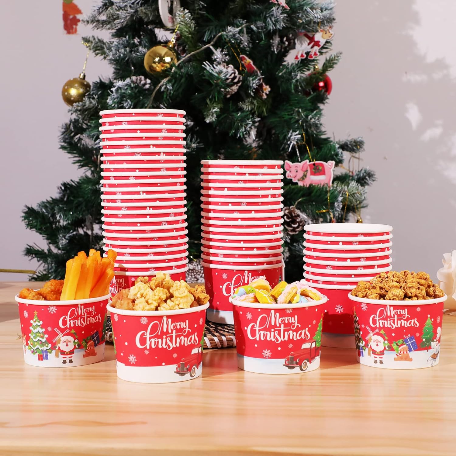 gisgfim 50 vasos de papel de Navidad, tazas de helado de Navidad, desechables de 9 onzas, tazones de postre para sopas temáticas de Navidad, para