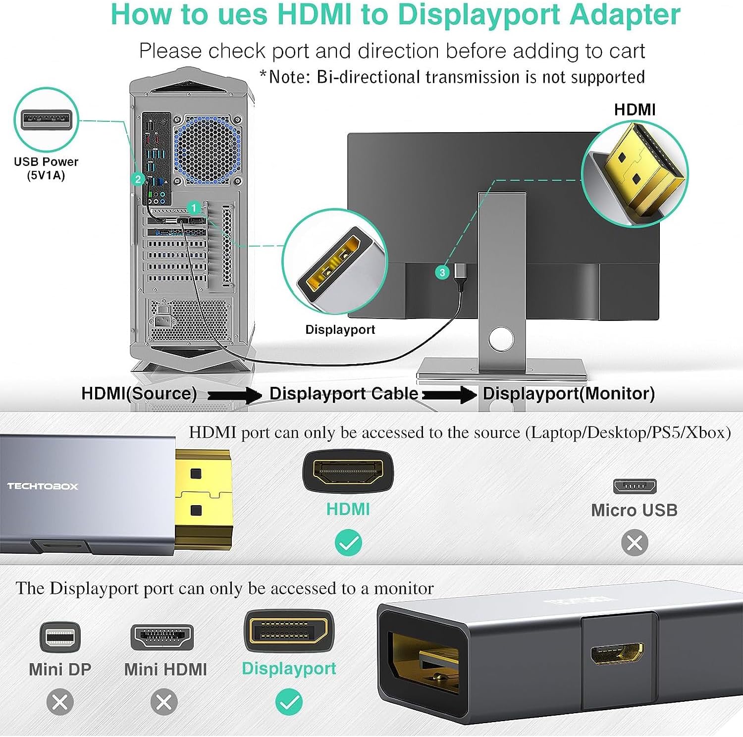 TECHTOBOX Adaptador HDMI a DisplayPort 4K a 60Hz, convertidor HDMI activo macho a DP hembra, no bidireccional HDMI a puerto de pantalla para