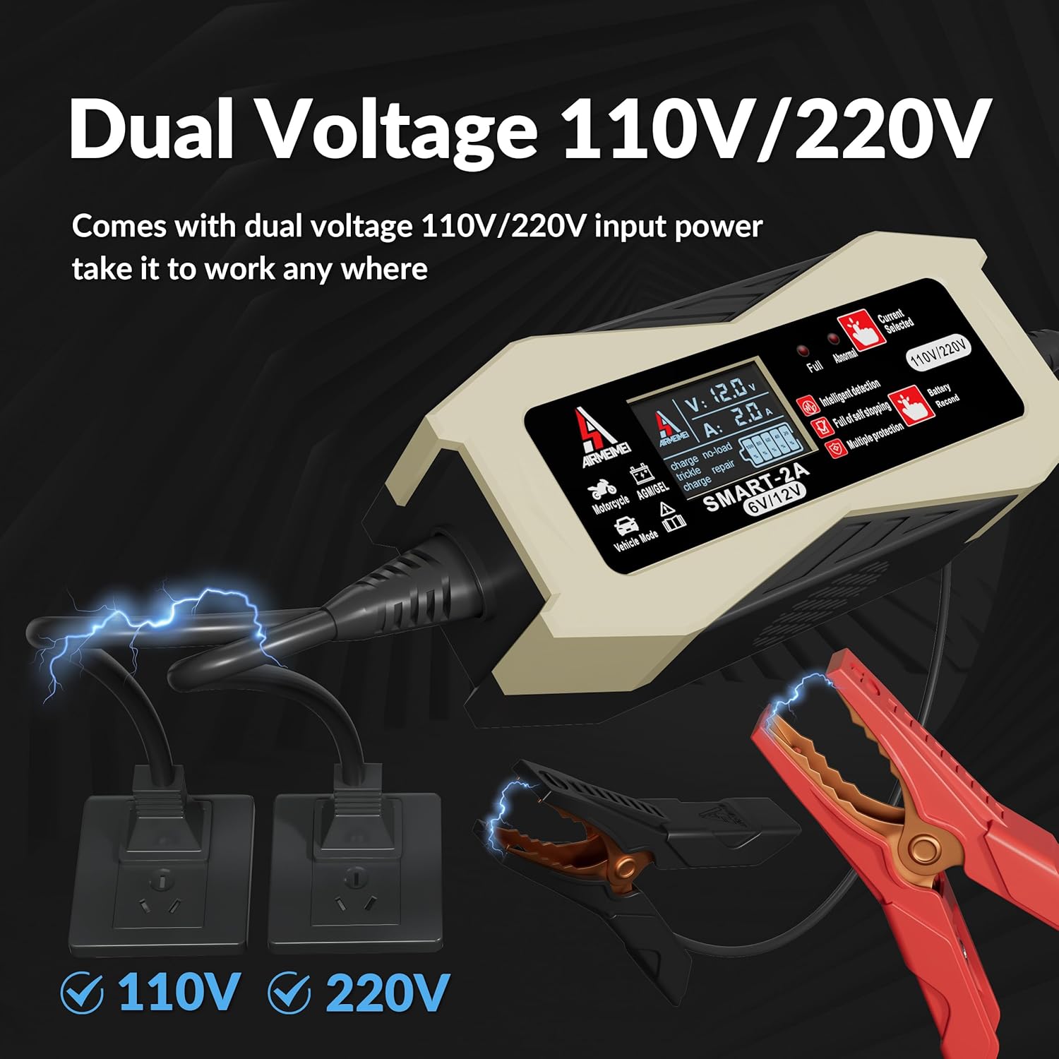 Cargador de batería de coche inteligente 3 IN1 0.5A1A2A, cargador de batería automotriz 6V12V, cargador de batería de doble voltaje 110V220V