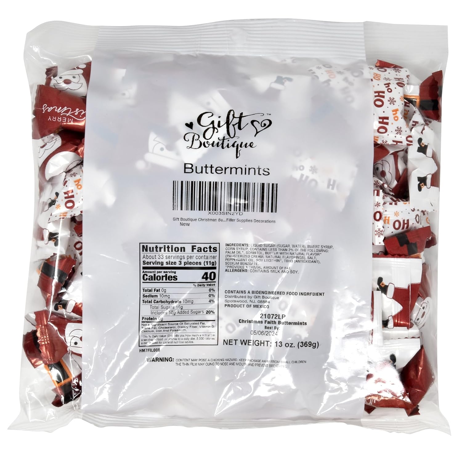 Gift Boutique Bolsas de dulces de menta y mantequilla de Navidad, 100 unidades envueltas individualmente, bolsas de 13 onzas, golosinas de dulces,