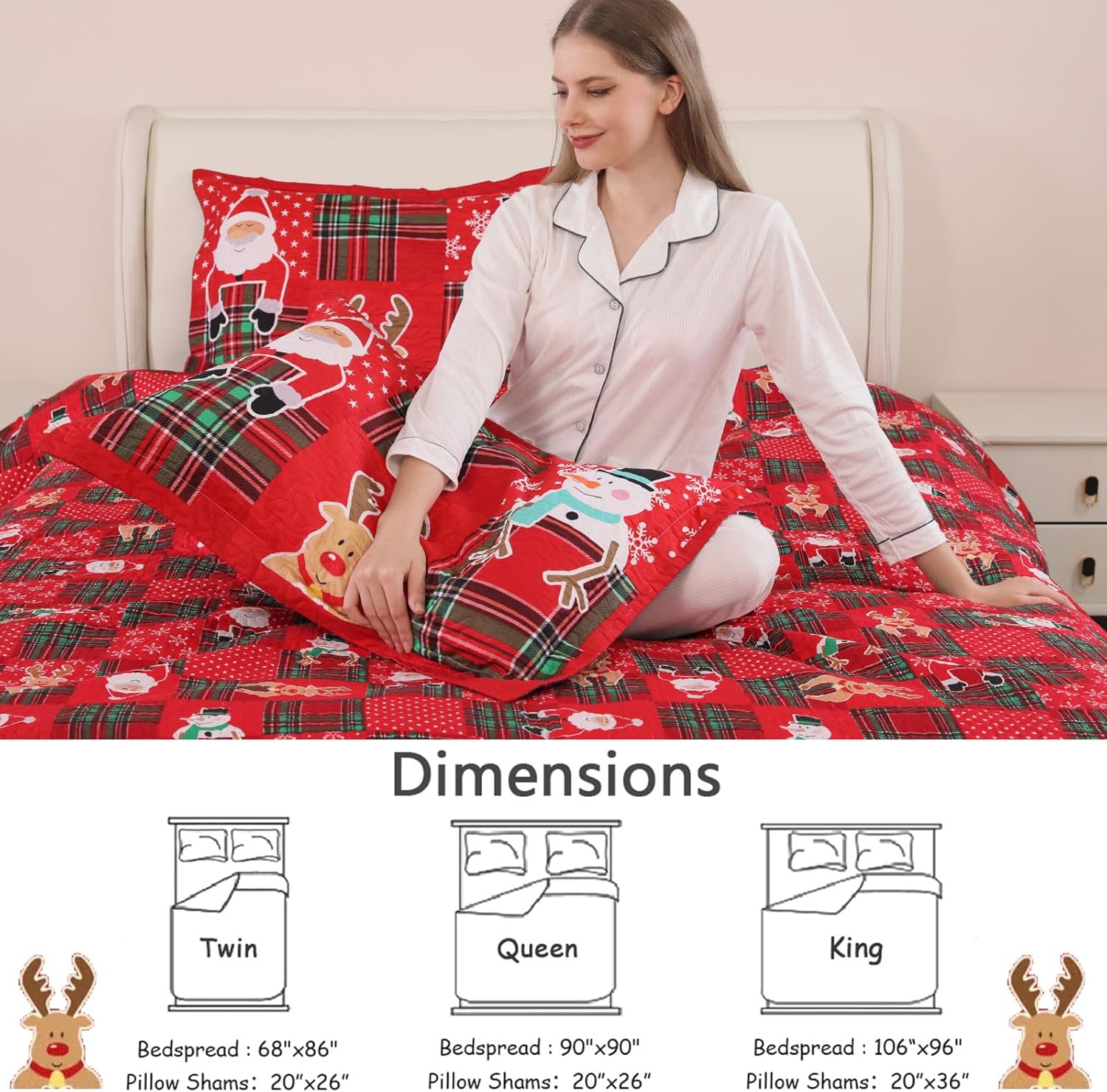 Colchas reversibles de Papá Noel de Navidad, color rojo, verde, tamaño King, diseño de reno, muñeco de nieve, colcha a cuadros, regalo de Año Nuevo,