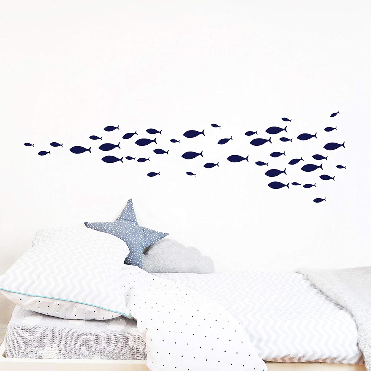 Juego de 77 calcomanías de pared de pez, calcomanías de vinilo extraíbles para niños, bebé, dormitorio, baño, guardería decoración A05 (azul)
