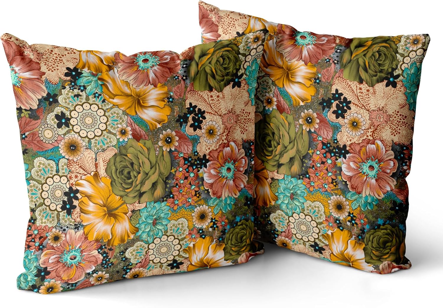 Juego de 2 fundas de almohada florales bohemias de 20 x 20 pulgadas, fundas de cojín bohemias con estampado de flores vintage de terciopelo de doble