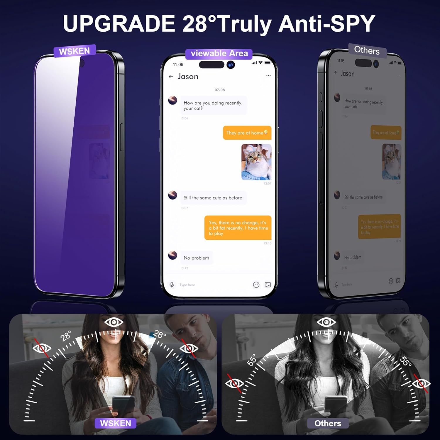 WSKEN Protector de pantalla de privacidad para iPhone 15 Pro, eliminación automática de polvo 28 grados anti espía antiluz azul 2.5D cobertura