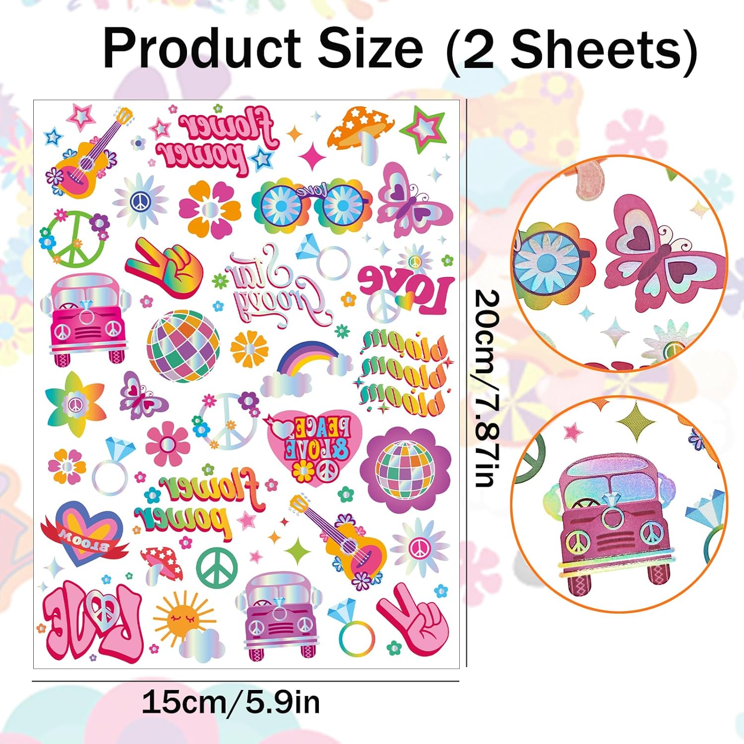 Qpout 86 tatuajes temporales hippie con purpurina para niños, impermeables, brillantes, estilos de plata, flor, poder, amor y paz, tatuajes geniales