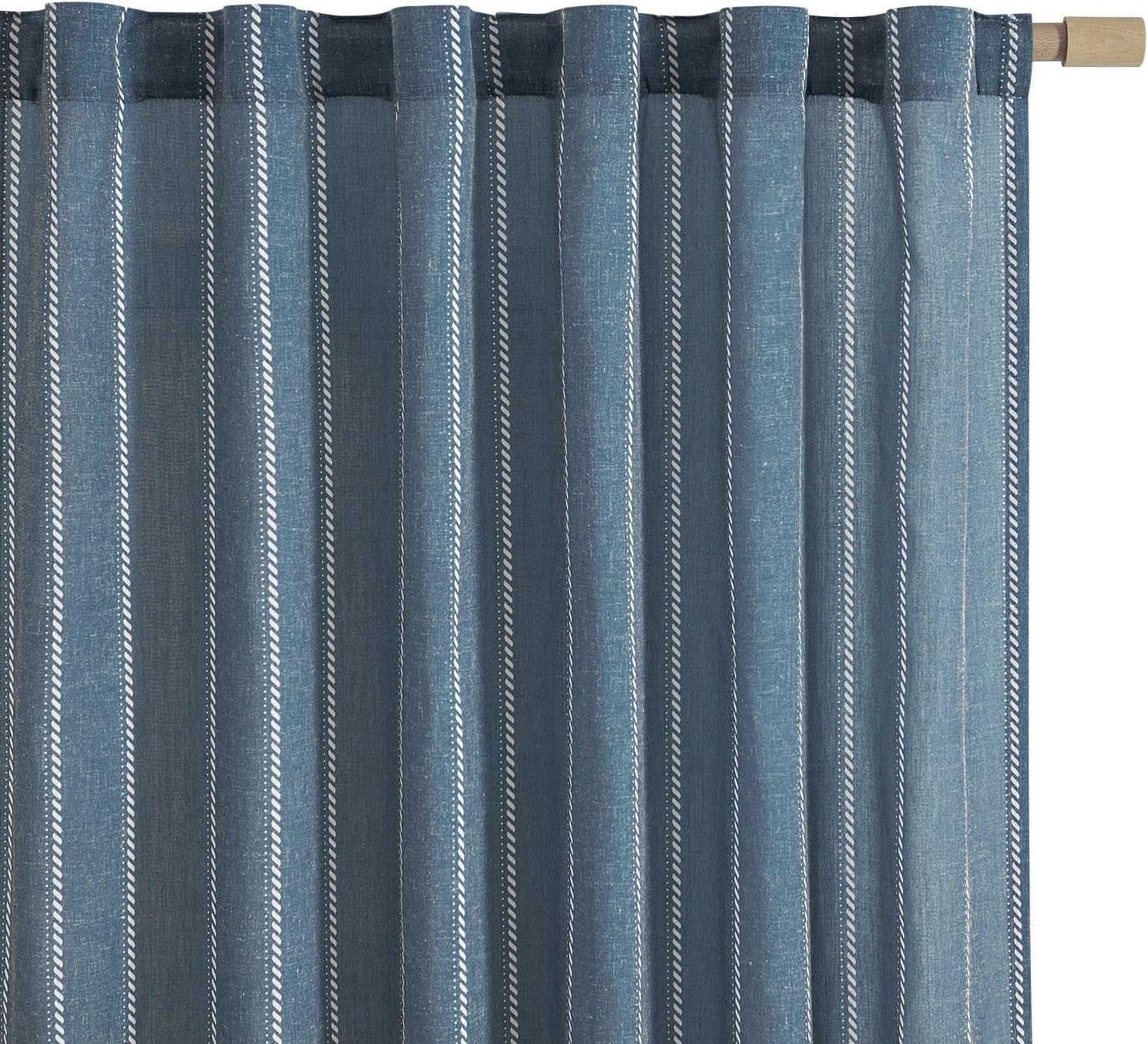 jinchan Cortinas de lino de 63 pulgadas de largo, cortinas azules a rayas para sala de estar, casa de campo francés, cortinas filtrantes de luz con