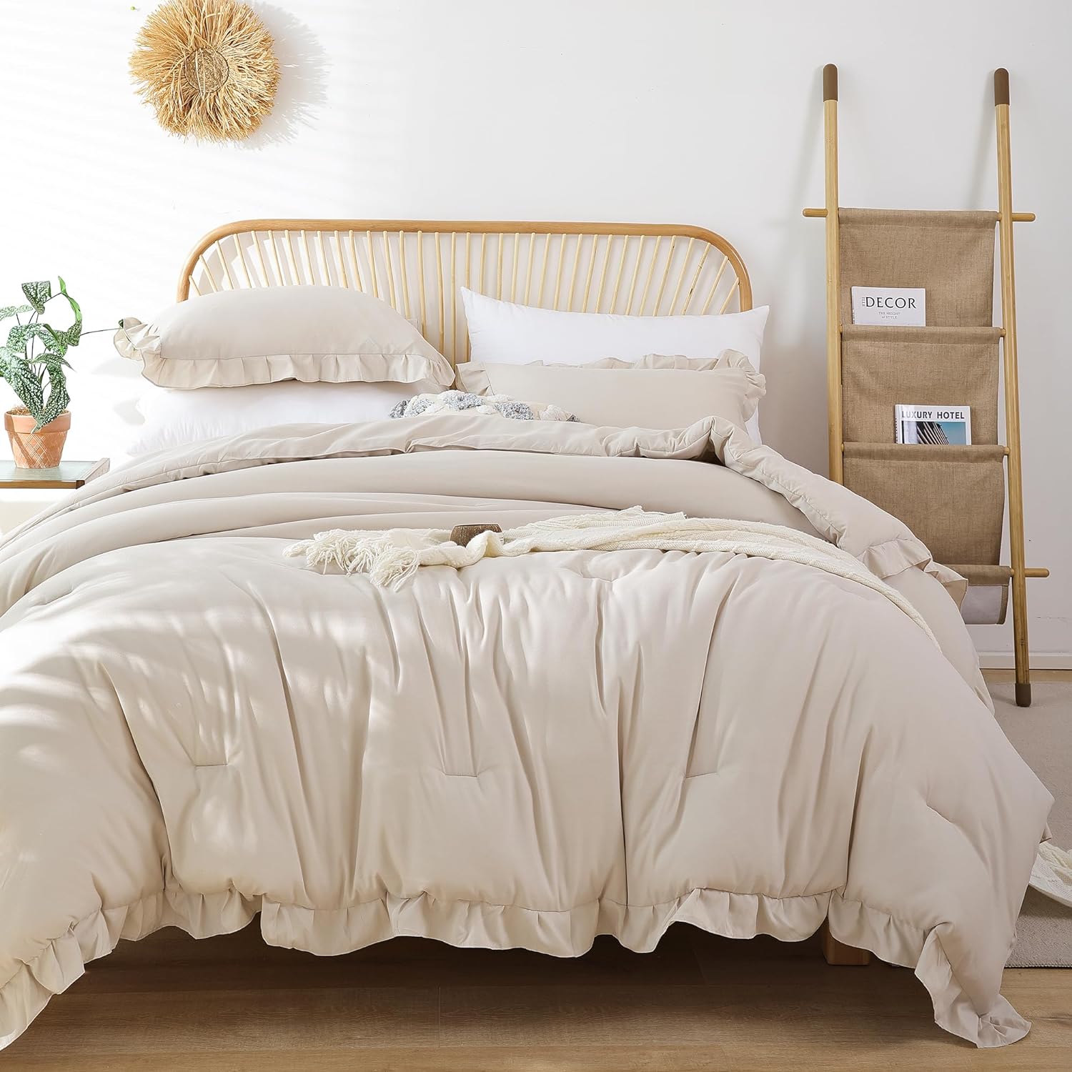 JANZAA – Juego de 1 edredón acolchado tamaño queen y 2 fundas de almohada, con volantes, suaves, de estilo vintage, shabby chic para todas las