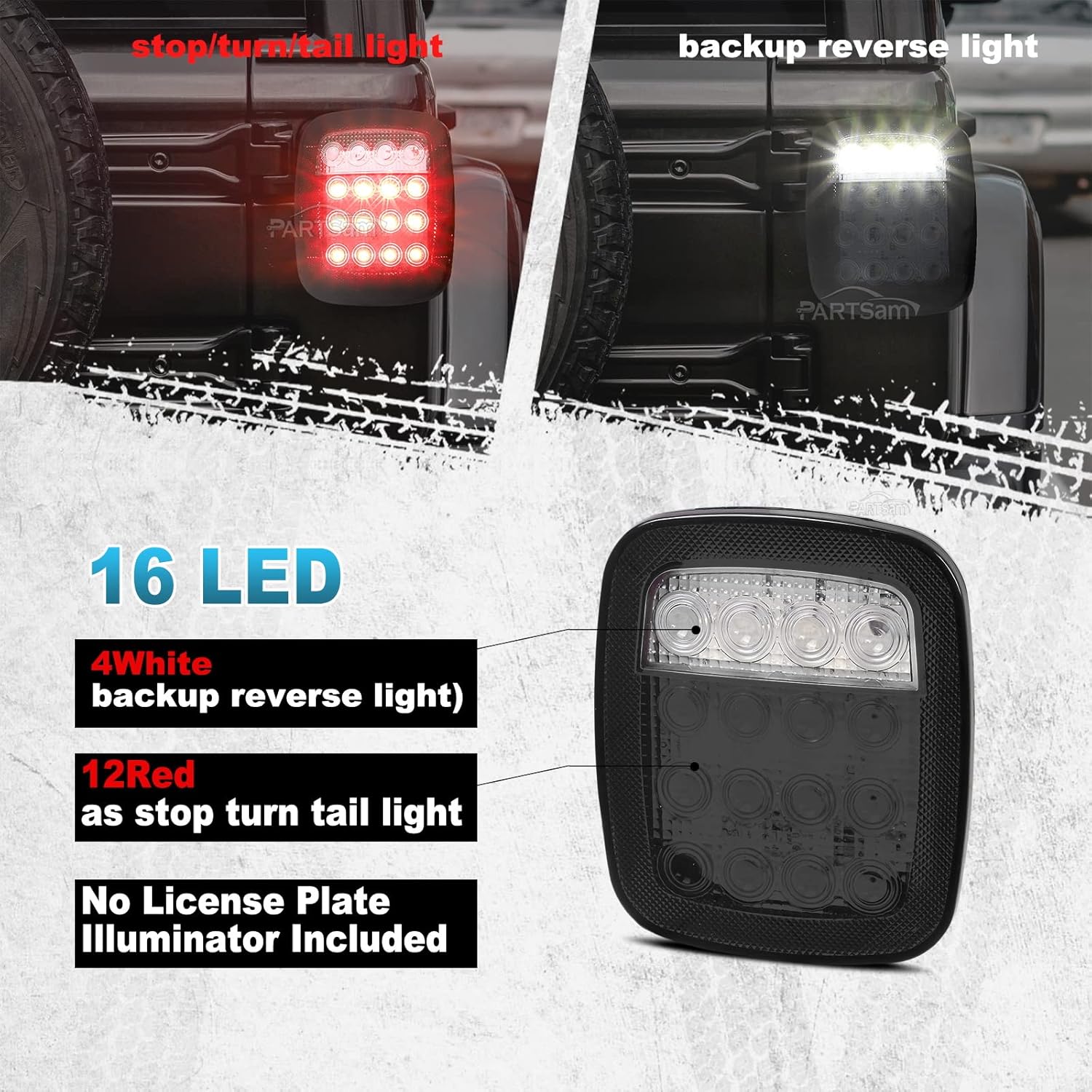 Partsam 2 luces traseras LED, 16 LED, combinación de luces traseras de freno de freno y marcha atrás, 12-5050, rojo 4-5050, lente ahumada blanca,