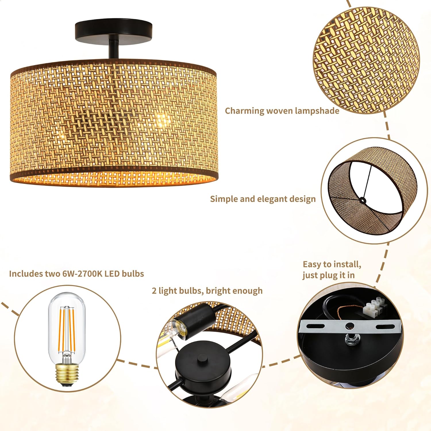 XININSUN Lámpara de techo semiempotrada, moderna lámpara de ratán de 2 luces, accesorio de iluminación de granja con pantalla de bambú tejida,