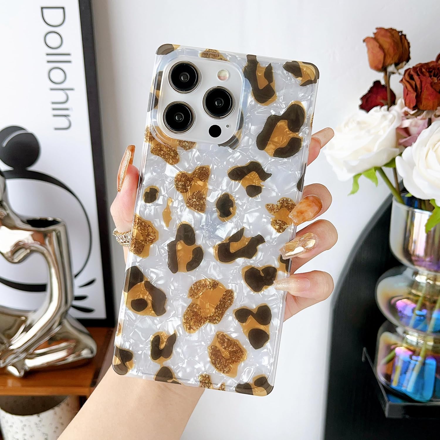 Jmltech Funda con borde cuadrado para iPhone 15 Pro Max, funda con purpurina de leopardo, híbrida, a prueba de golpes, silicona transparente, funda