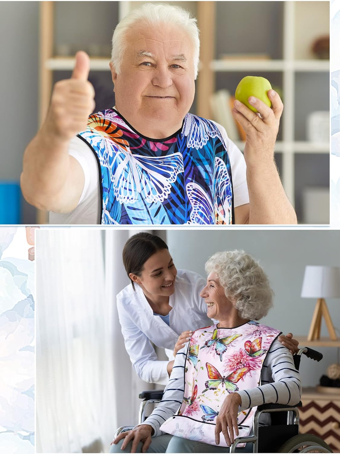 6 baberos para adultos para comer con atrapa migas, lavable, babero para comer flores, mariposas, reutilizables, impermeables, protectores de ropa