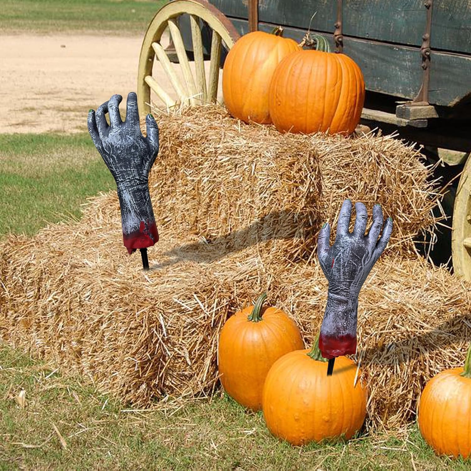 Estacas de brazo zombi de Halloween, estacas de brazo de manchas de sangre, juego de manos falsas de aspecto realista para estacas de césped,