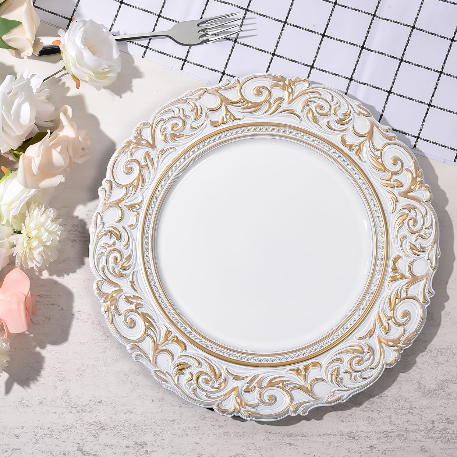 12 unidades de platos de carga blancos antiguos a granel, 13 pulgadas, para el día de San Valentín, boda, francés, vintage, de plástico, con