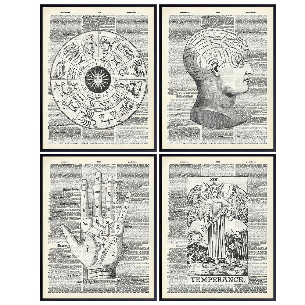 Zodiac Signs Tarot Wall Art 11×14 – Vintage Mystical Arts Home Decor – Cool Eclectic Aesthetic Trendy Gothic Dictionary Art – Psychic, Occult,