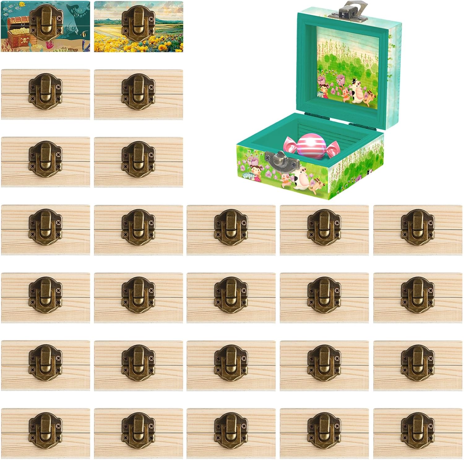 Sintuff Paquete de 48 cajas pequeñas de madera sin terminar para manualidades de 2.7 x 2.7 x 1.6 pulgadas, baúl del tesoro con cierre de tapas con