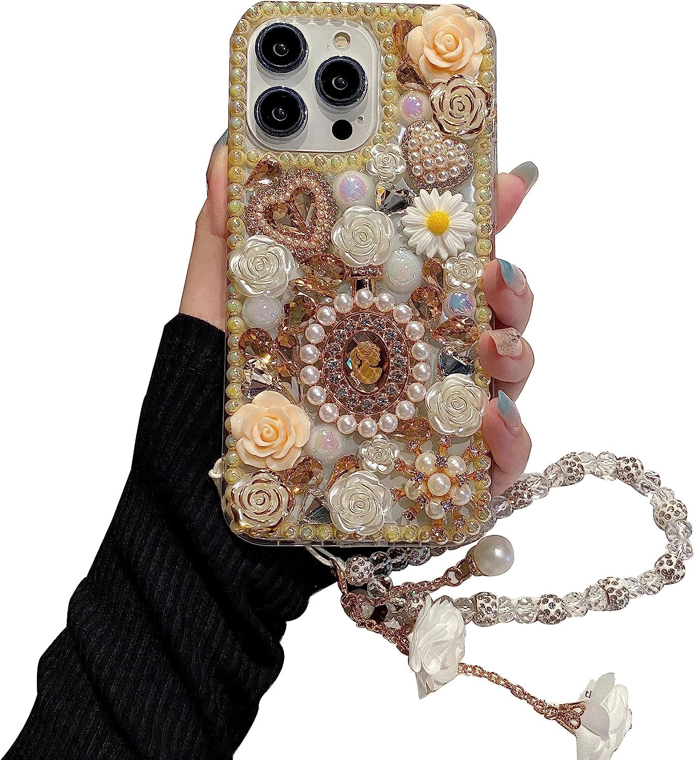 iFiLOVE Funda con diamantes de imitación y correa de flores, 3D de lujo, con diamantes de imitación y diamantes de imitación y rosas de amor, para