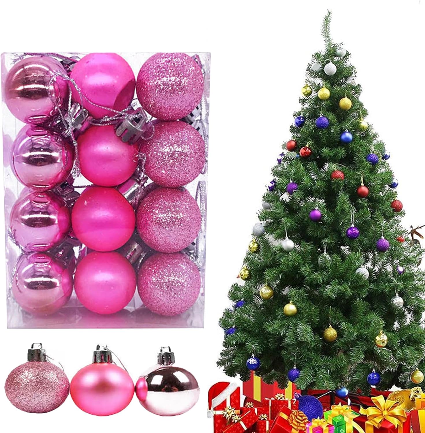 24 adornos para árbol de Navidad, mini bolas de Navidad, pequeñas bolas de plástico inastillables para vacaciones, bodas, fiestas, decoración