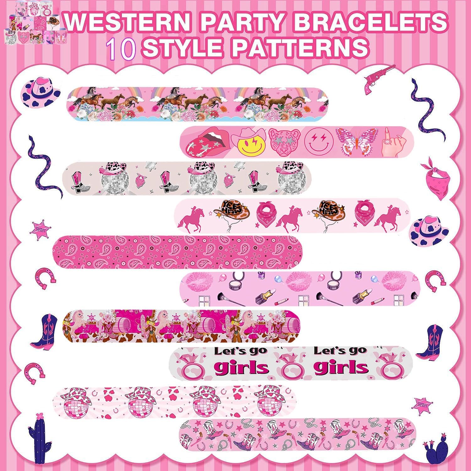 Yrmysrx 100 piezas de suministros de fiesta de vaquera occidental, incluyen pulseras de palmada, llavero, tatuajes temporales, calcomanías, bolsas