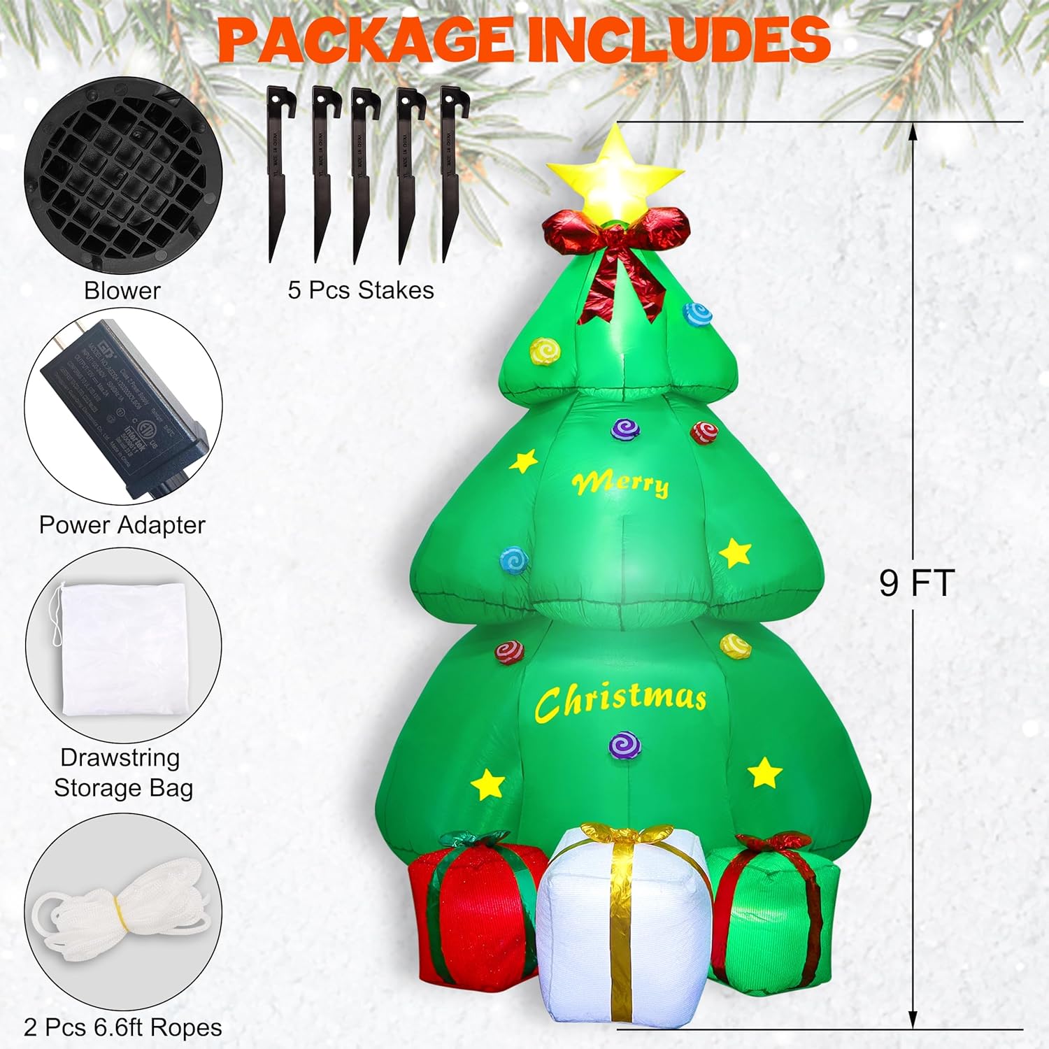SAND MINE Árbol inflable de Navidad de 9 pies, inflables de Navidad, decoración de patio, árbol de Navidad inflable con caja de regalo para