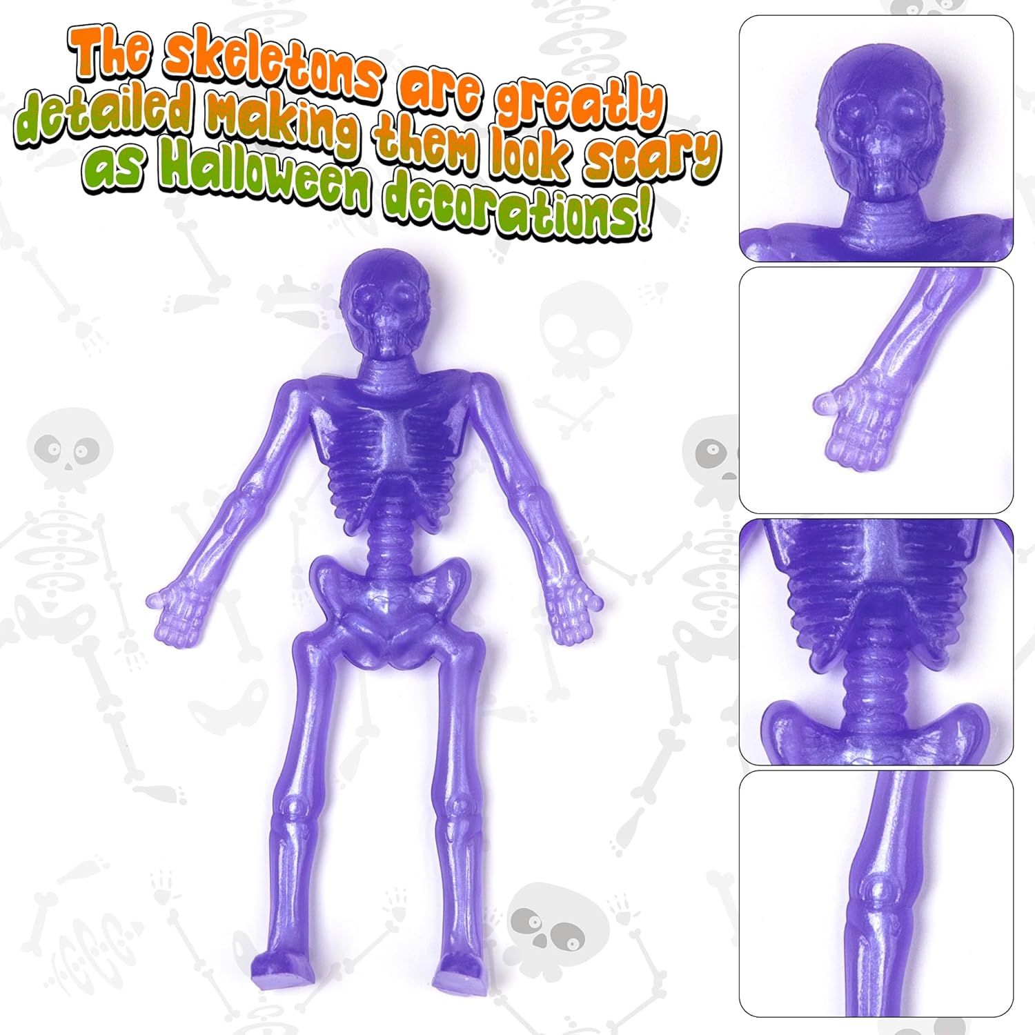 ArtCreativity Juguetes de esqueleto súper elásticos, juego de 48 juguetes de Halloween para niños en 10 colores vibrantes, elásticos 7 veces su