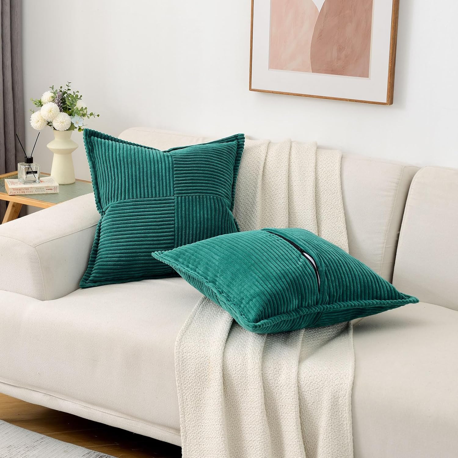Juego de 2 fundas de almohada de 18 x 18 pulgadas, pana suave y sólida a rayas  borde ancho, fundas de cojín cuadradas decorativas, decoración de