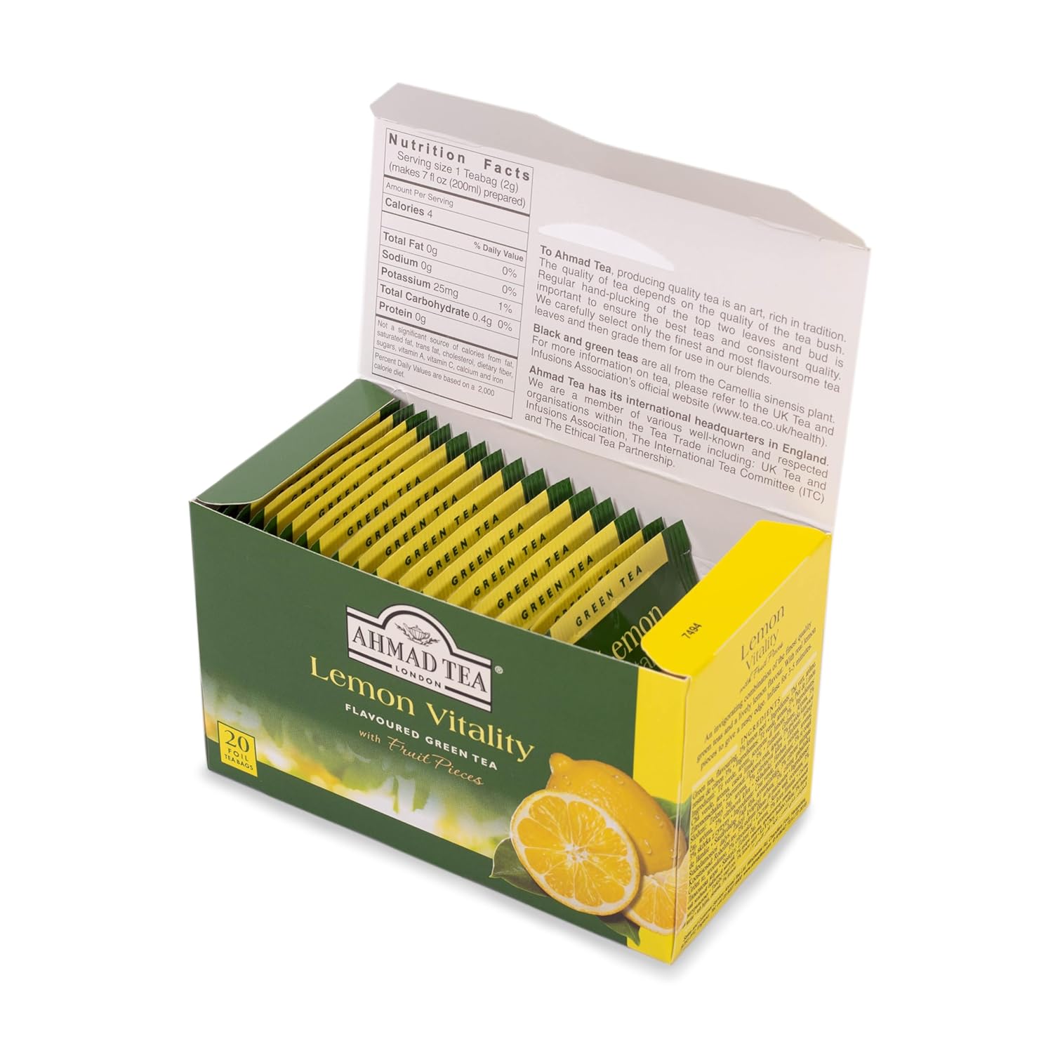 Té inglés, té verde limón” – Etiquetado y bolsas de té envueltas en papel de aluminio