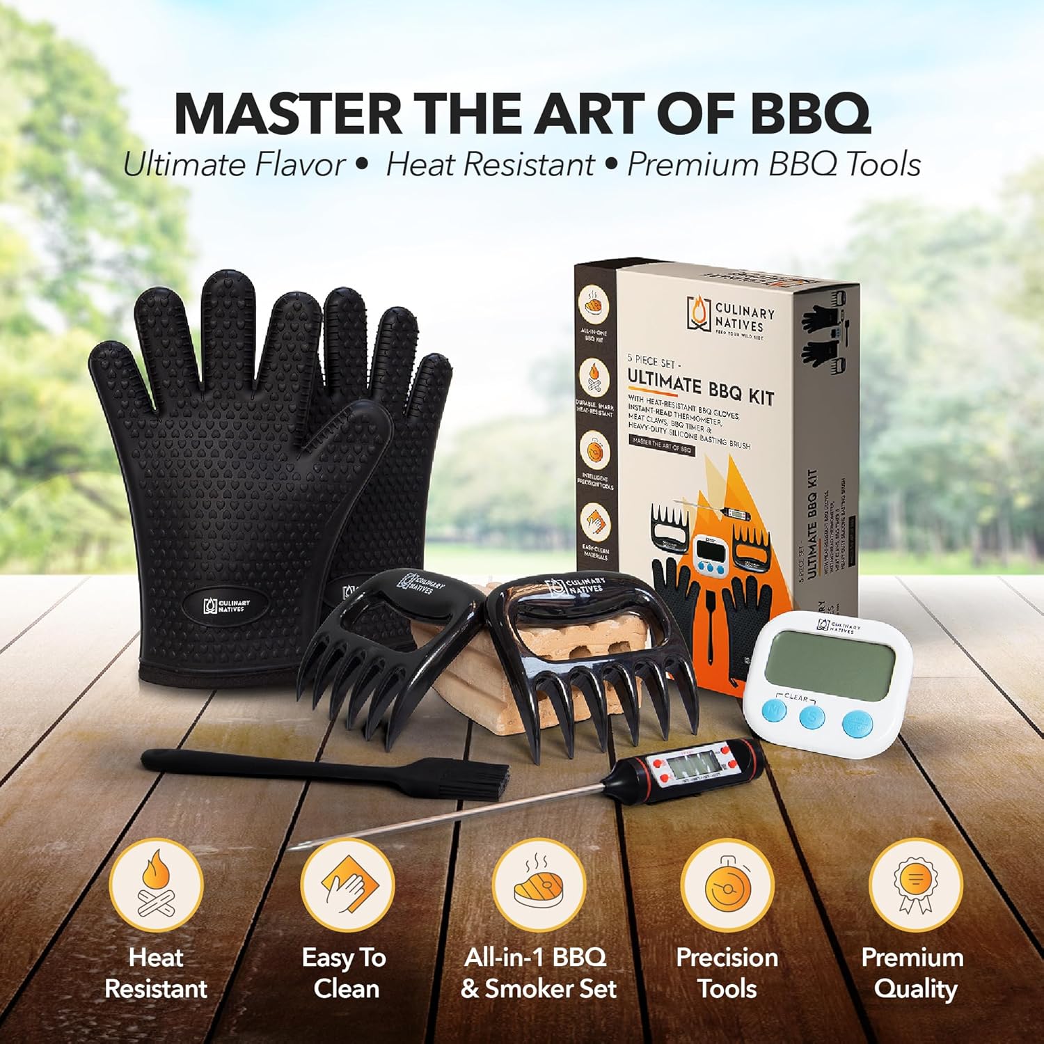 Juego de accesorios para ahumadores – Guantes de horno para parrilla, garras de barbacoa, termómetro de carne, temporizador y cepillo de silicona