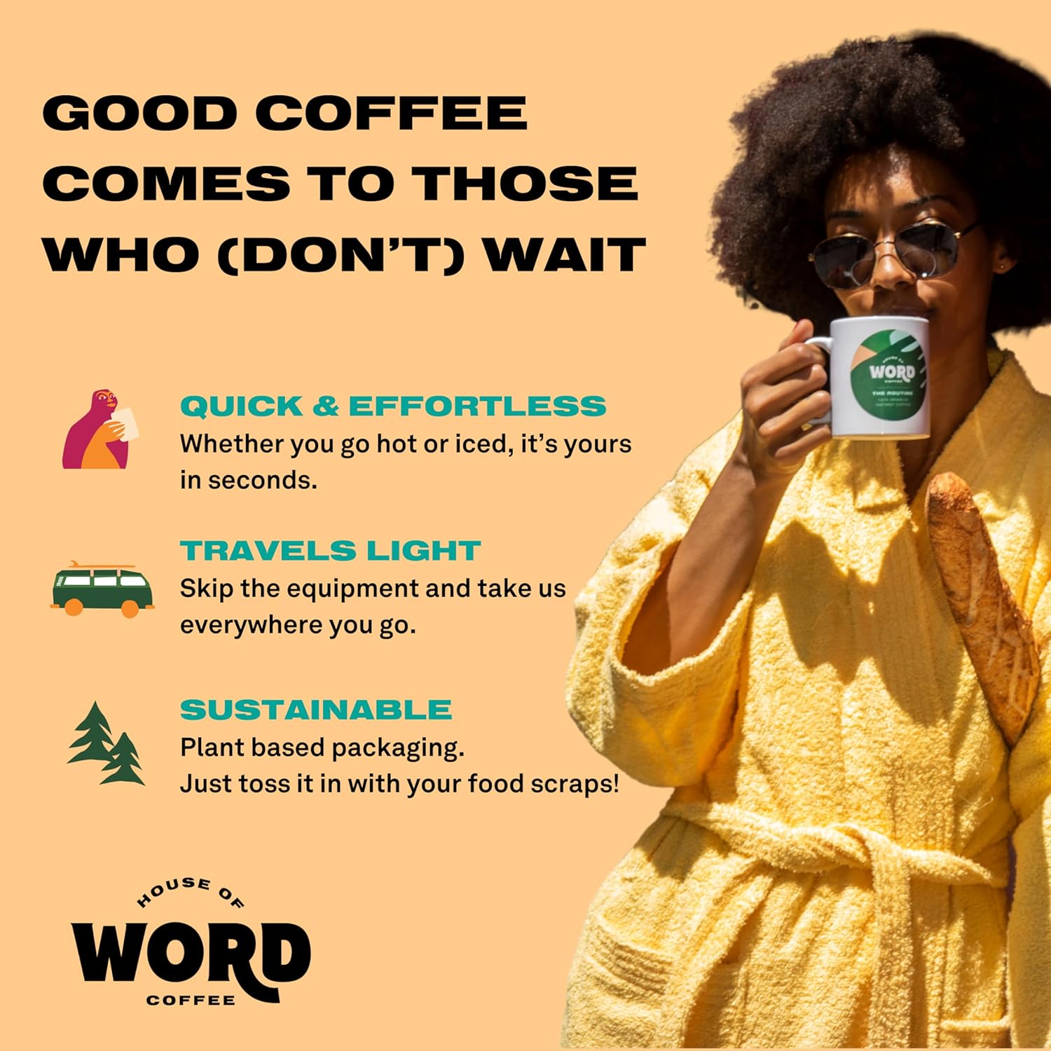 Word Arabica – Café instantáneo con crema, vainilla tostado medio, café natural caliente o helado, paquete compostable de origen responsable, 33