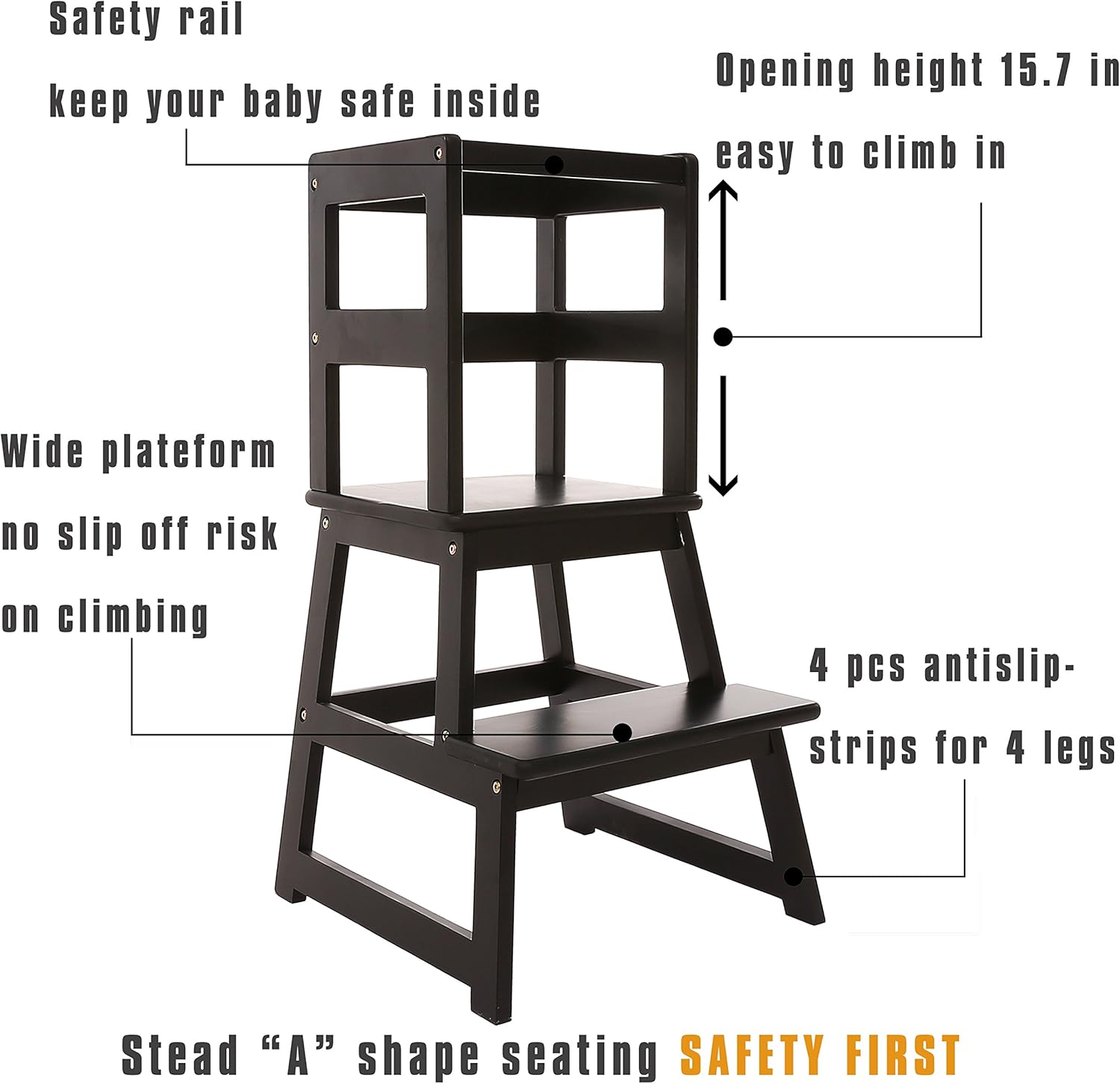 GUIDTOP Taburete de cocina con barandilla de seguridad y tapetes antideslizantes, taburete de cocina para niños de 18 meses en adelante (negro)