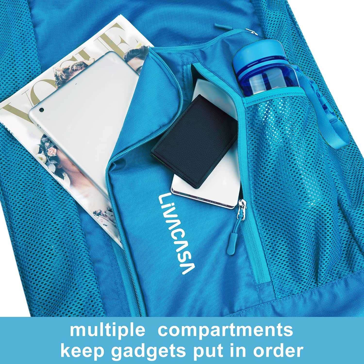 LIVACASA Mochila de malla con cordón de natación Mochila con bolsillo de malla de secado rápido Equipo de natación de malla Bolsa de playa Azul