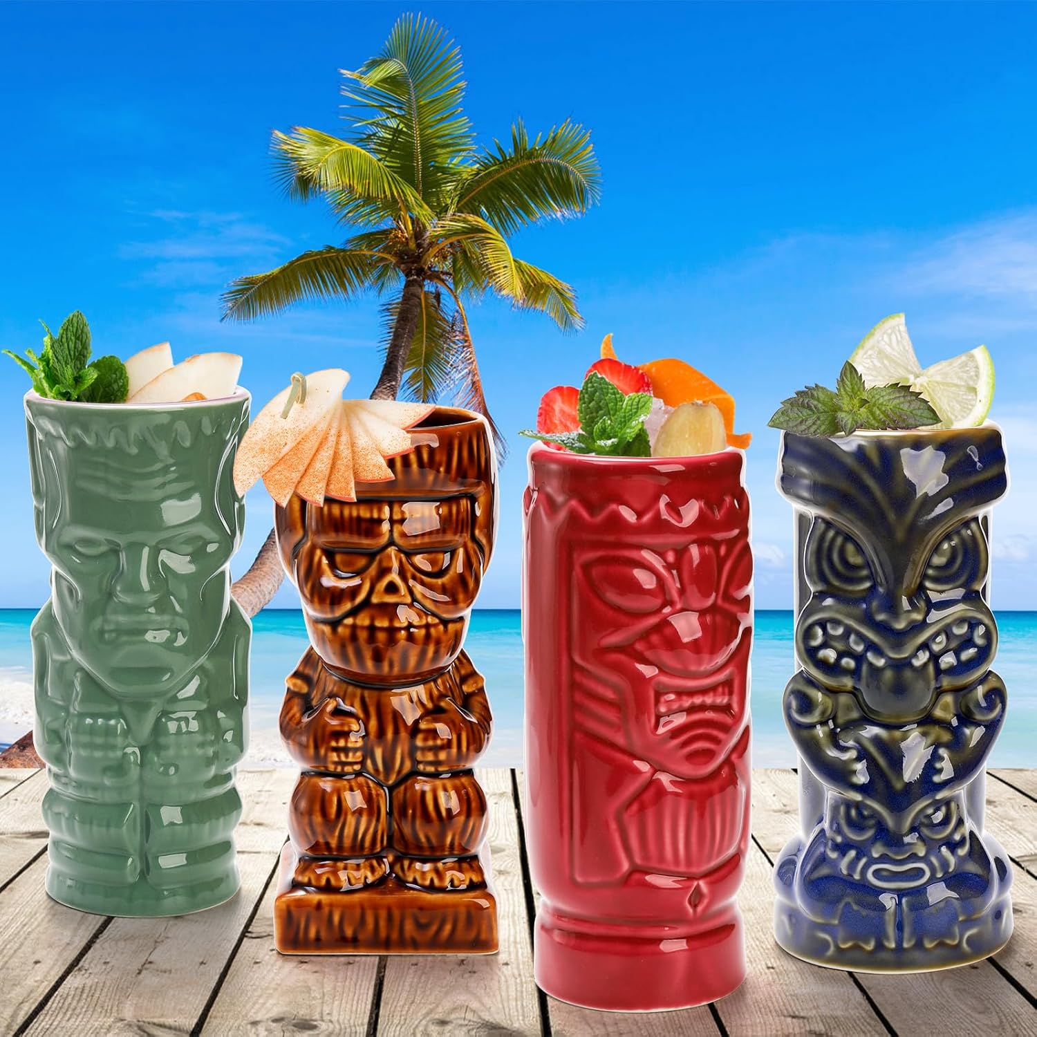 Juego de 4 vasos Tiki de cerámica, tazas Tiki grandes de 16 onzas para cócteles, tazas hawaianas vintage de Halloween, juego de utensilios para