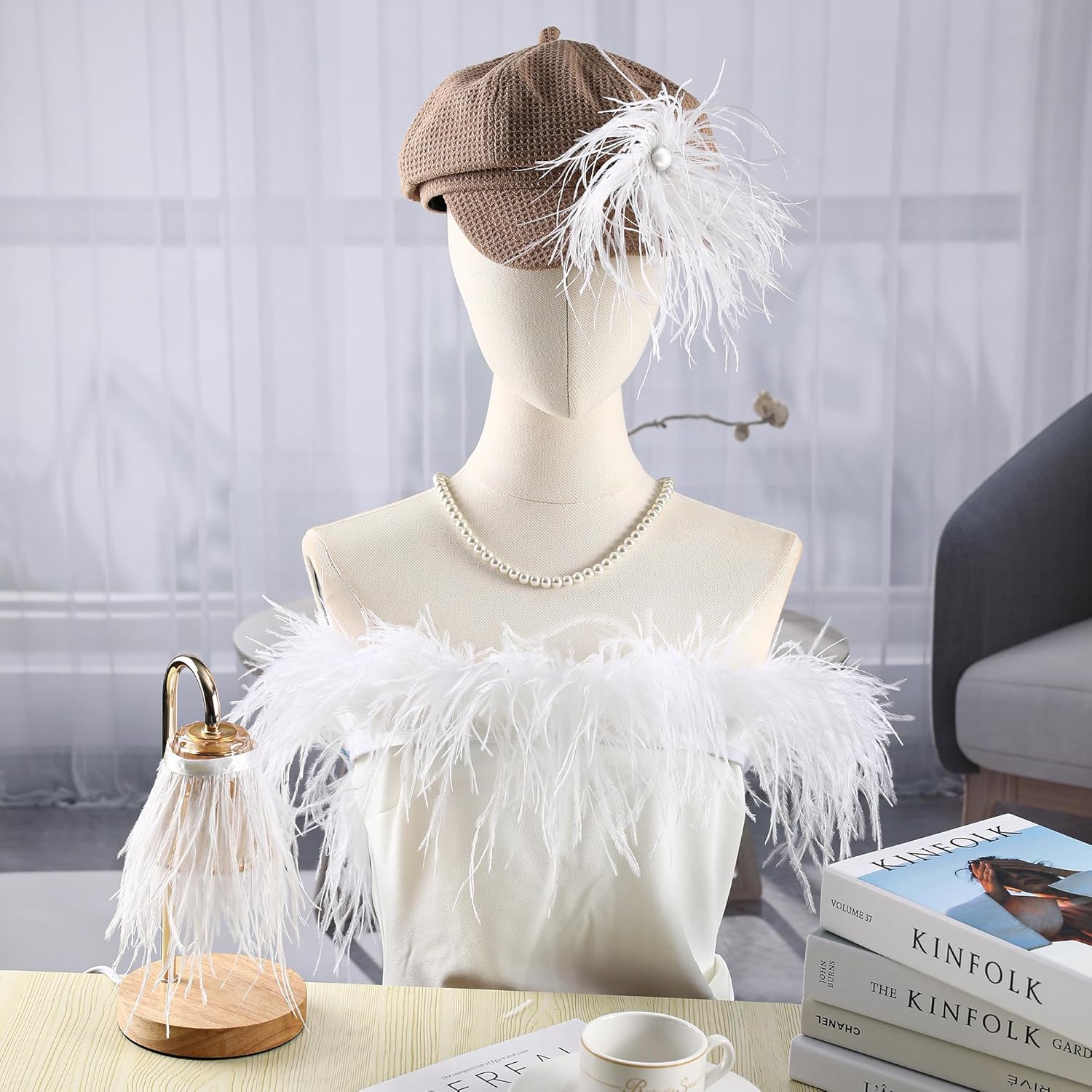 Ribete de plumas de avestruz beige, 2 yardas de 5 a 7 pulgadas, ribete de flecos para manualidades, ropa de costura, vestido latino, boda o fiesta