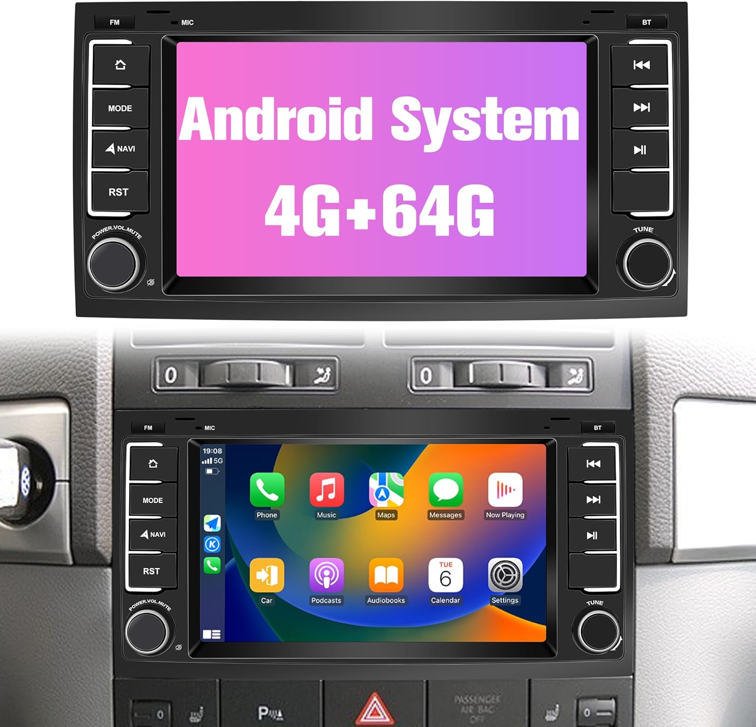Radio para Touareg 64G Estéreo de coche doble DIN con Bluetooth AM FM Apple Carplay para VW Touareg 2004-2011, 7 “Pantalla táctil del mercado de
