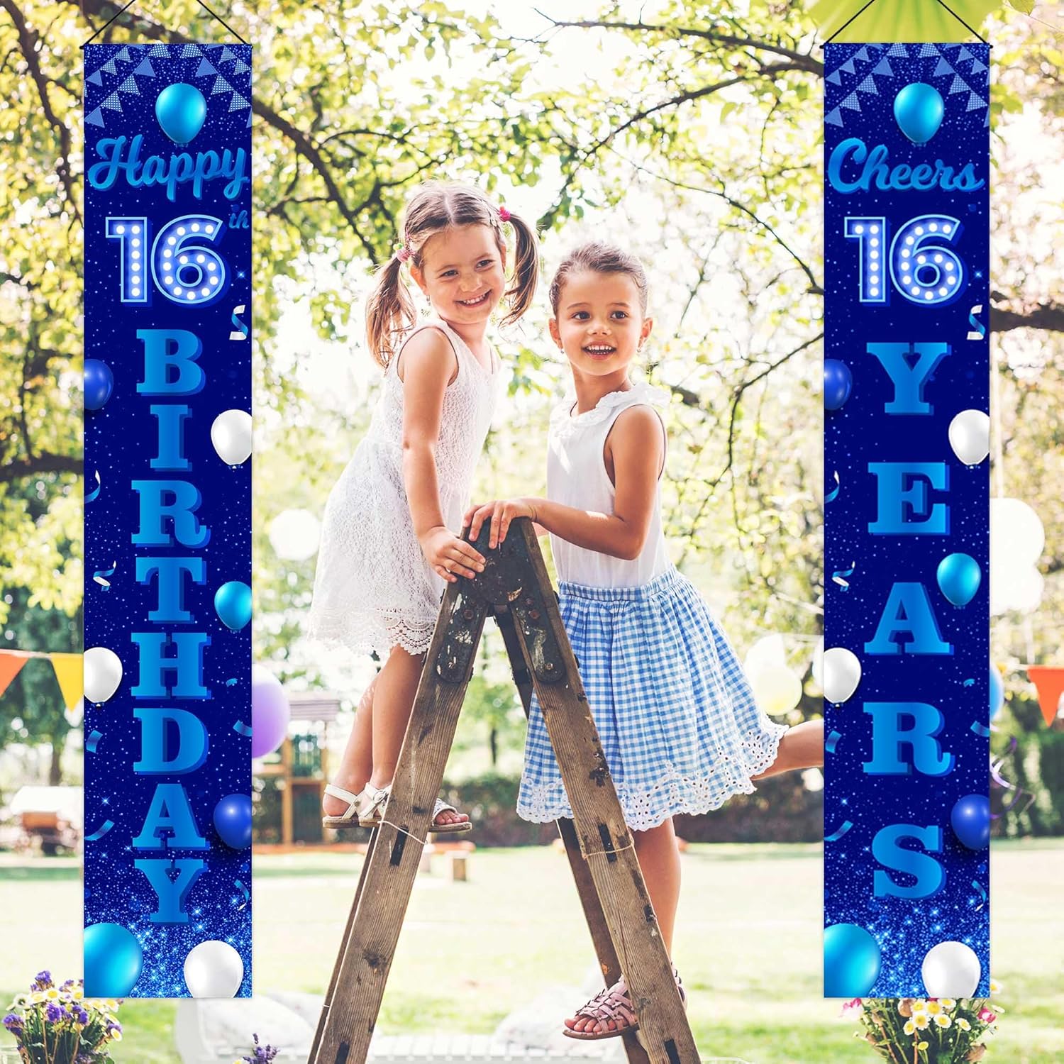 Cartel de feliz cumpleaños número 16, color azul y negro, decoración temática de globos de confeti para niñas de 16 años, decoraciones de fiesta de